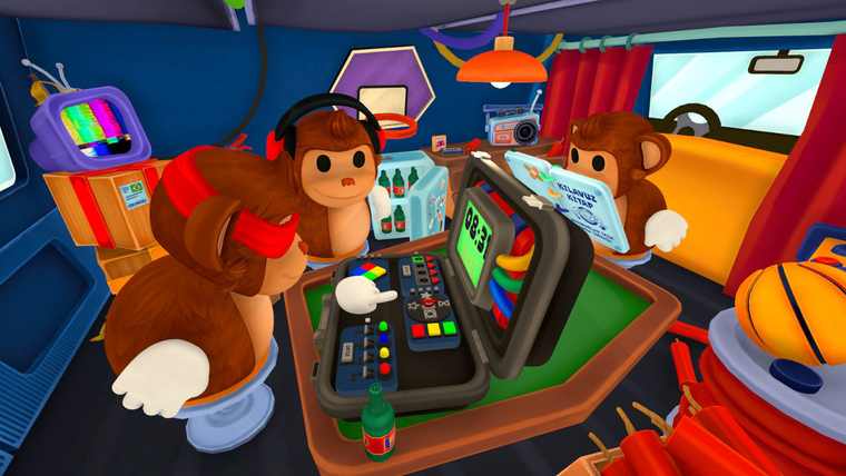 Three cartoon monkeys inside a cluttered blue van: one wearing red headphones leans over a bomb panel with coloured buttons while a timer reads 03:31