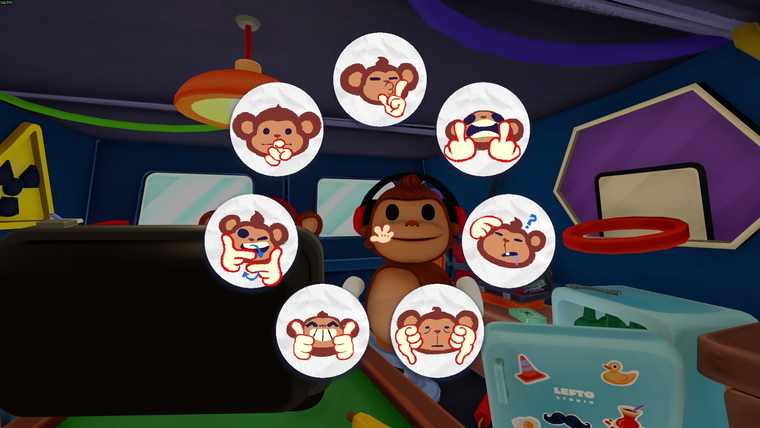 A radial emote wheel of eight monkey faces: pointing, thumbs up, thumbs down, confused, angry and more