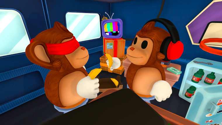 A blindfolded monkey holds a banana next to a monkey wearing red headphones inside the van